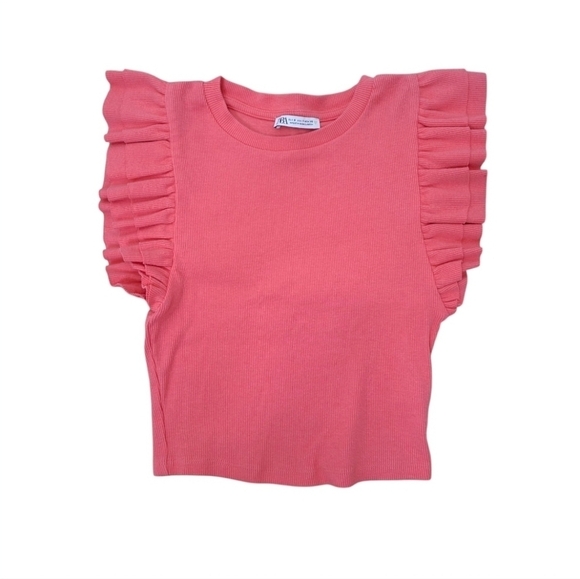 Zara Ruffled Ribbed Crop Shirt Size Small - Picture 2 of 10